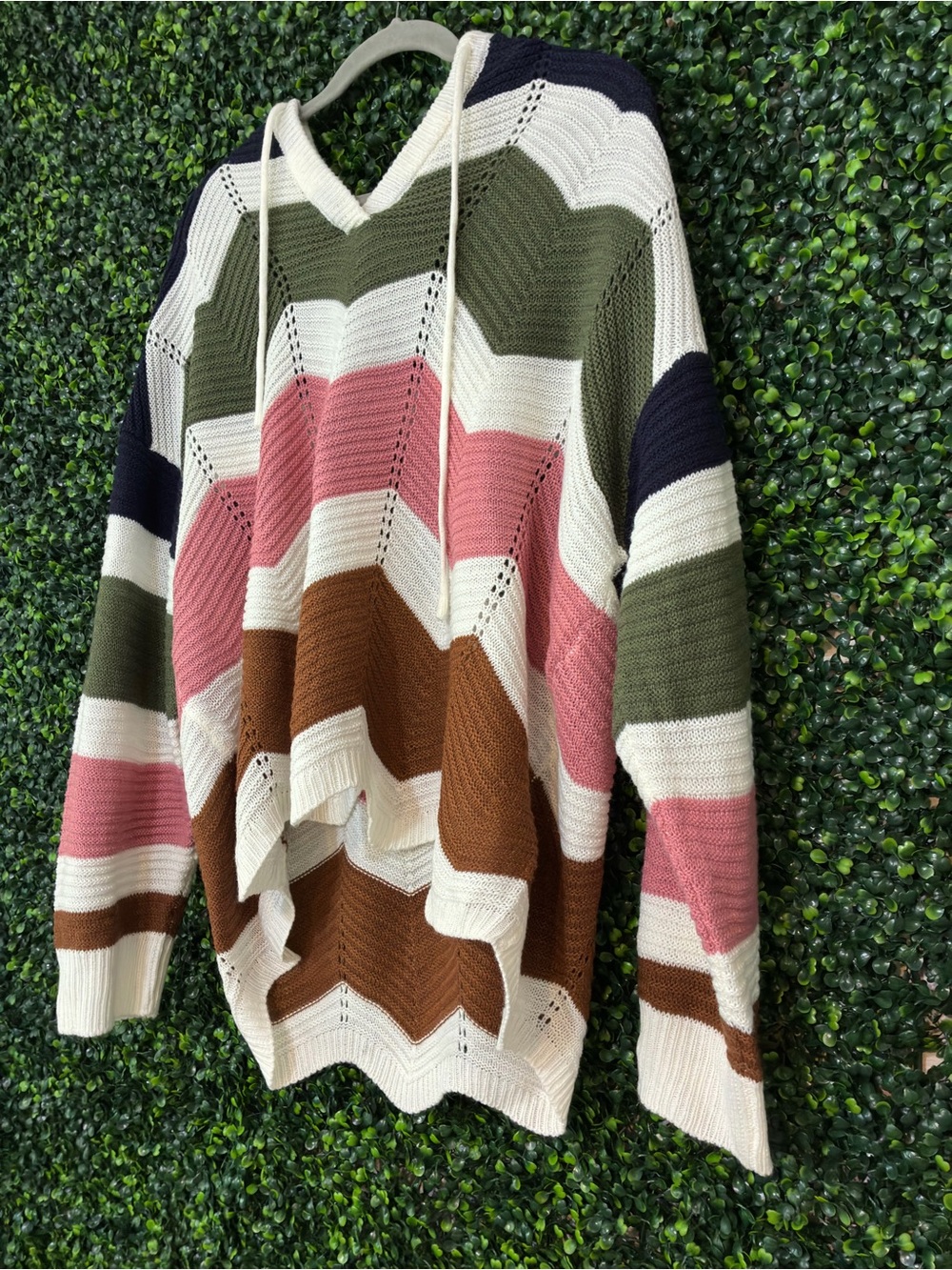 Striped Chevron V-Neck Hoodie Sweater - Pink, Olive, Brown